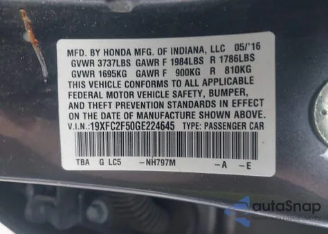 2016 Honda Civic Lx из США, поврежденный, VIN 19XFC2F50GE224645